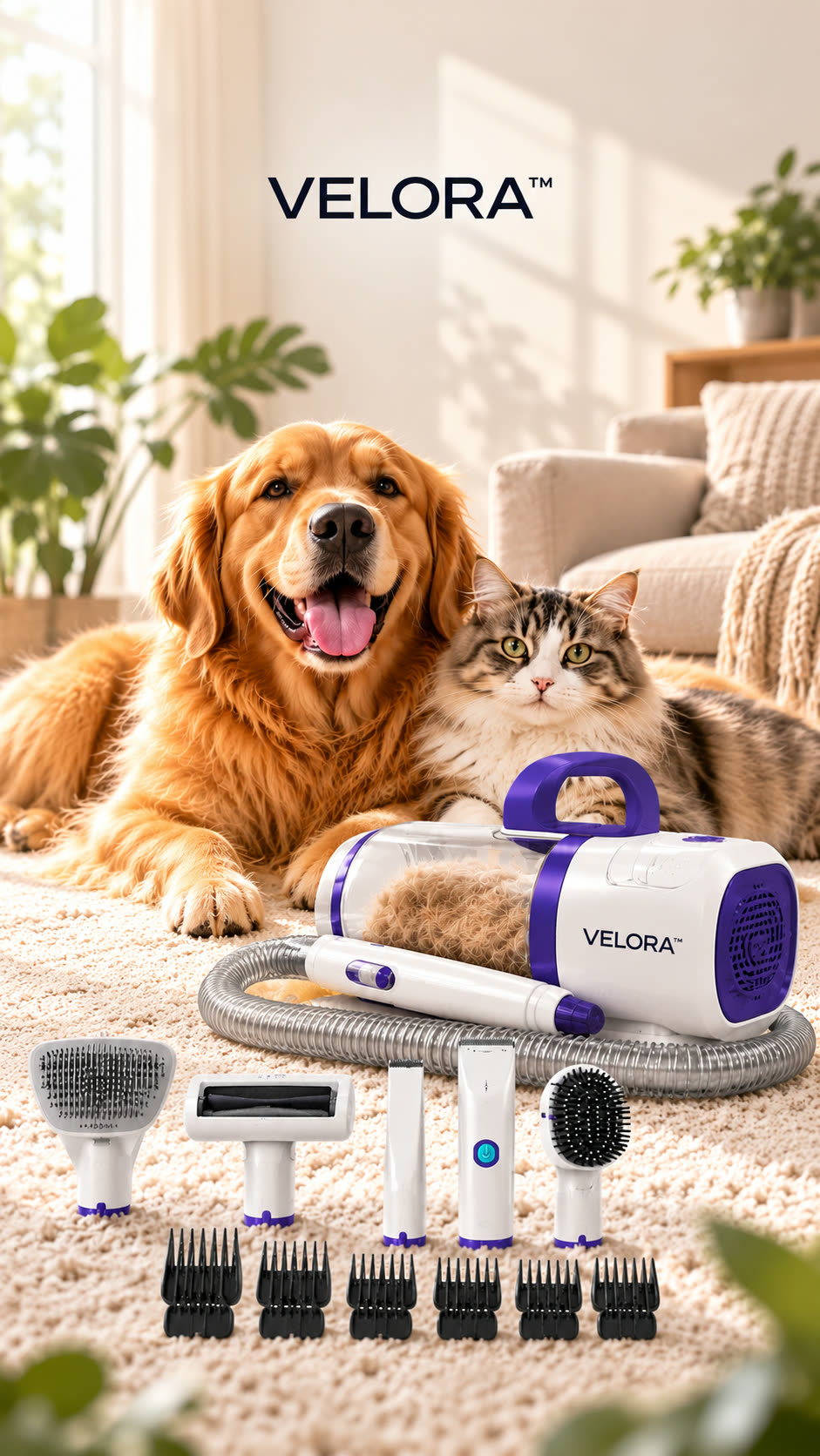 Aspiradora VELORA 5 en 1 con sus cabezales, junto a un perro y un gato en el salón